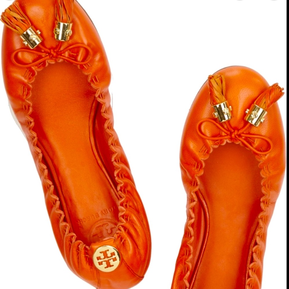 Tory Burch flats Mestico Reese Womens 7 M Orange Tassels patent leather